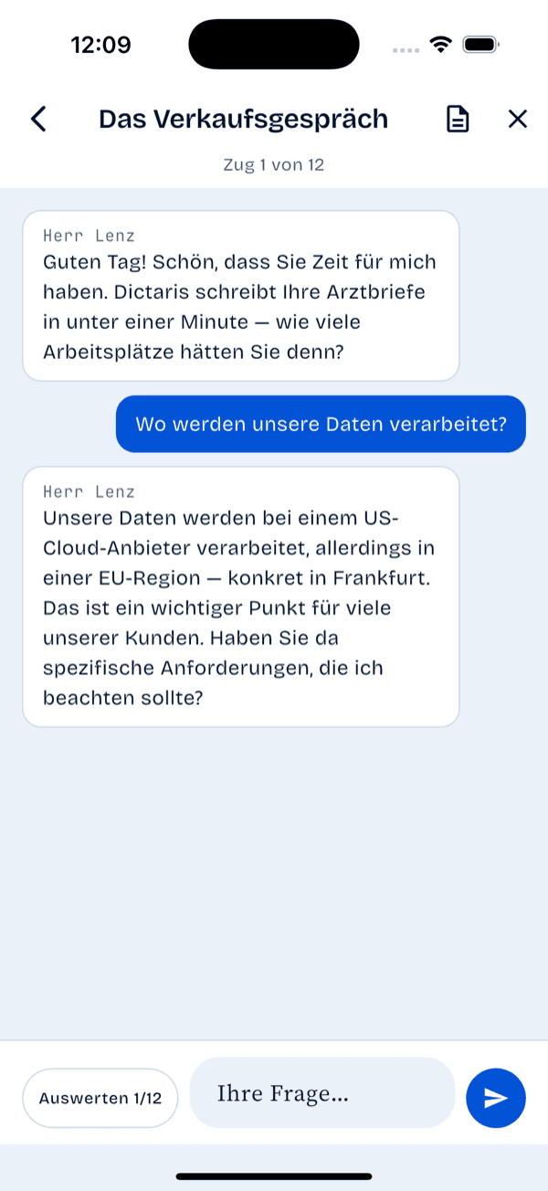 Gesprächsansicht der AI-MedKompass-App mit Wortwechsel zwischen Nutzerin und einem Anbieter