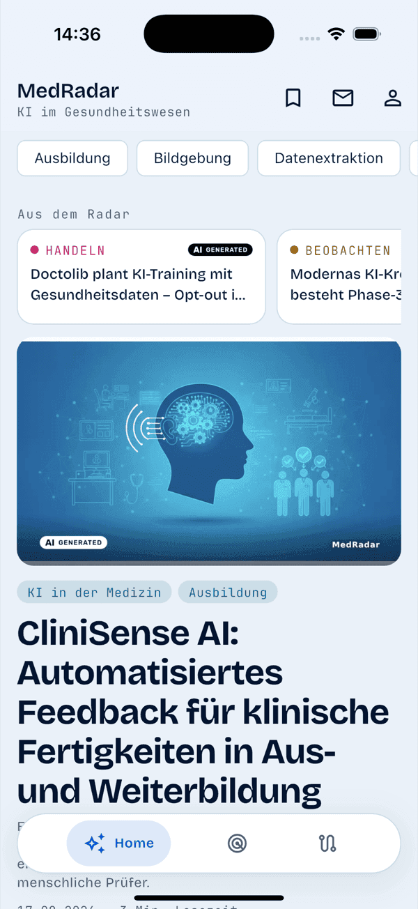 Startbildschirm der AI-MedKompass-App mit Filterreitern und Beitragskarten samt Titelbild