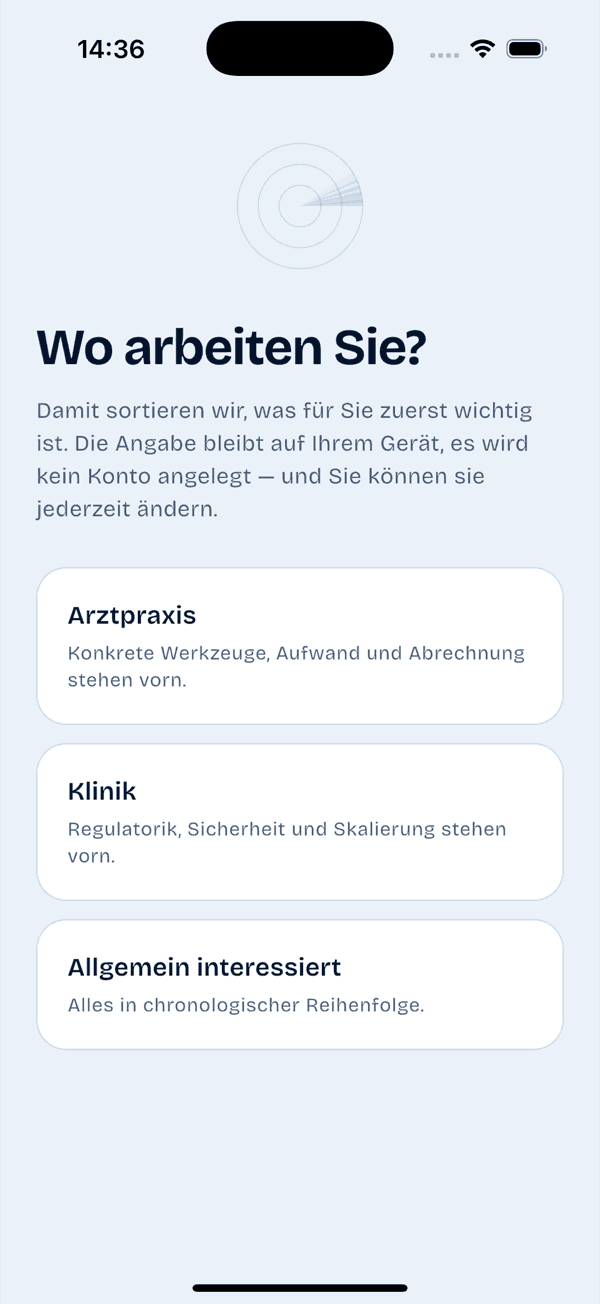 Startfrage der AI-MedKompass-App: Arztpraxis, Klinik oder allgemein interessiert