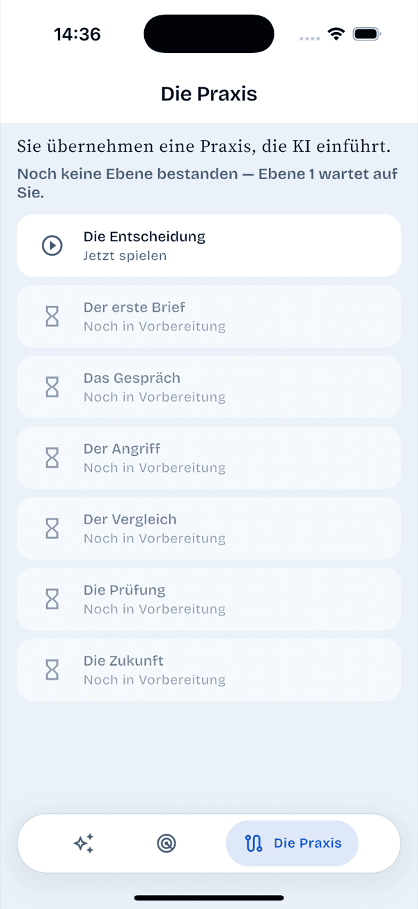 Der Weg in der AI-MedKompass-App mit sieben Ebenen von der Entscheidung bis zur Zukunft