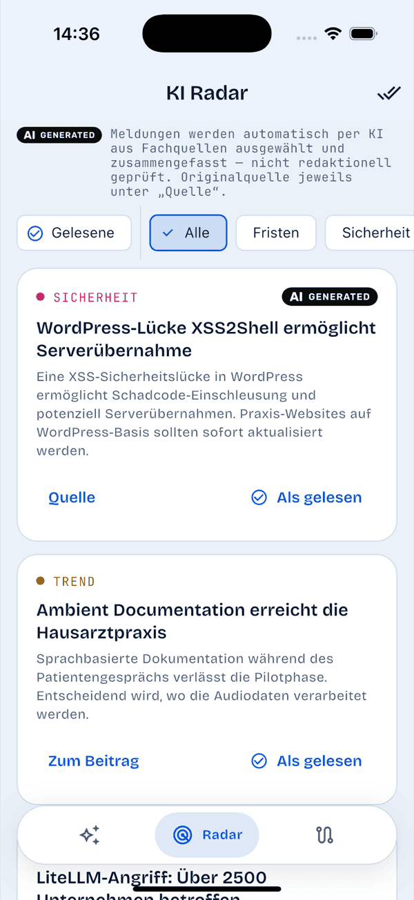 Radar-Ansicht der AI-MedKompass-App mit Meldungen zu Sicherheit und Trends